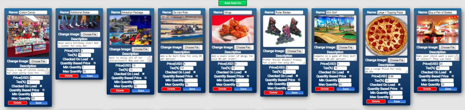 Add-ons setup showing name, image, description, price, and quantity fields