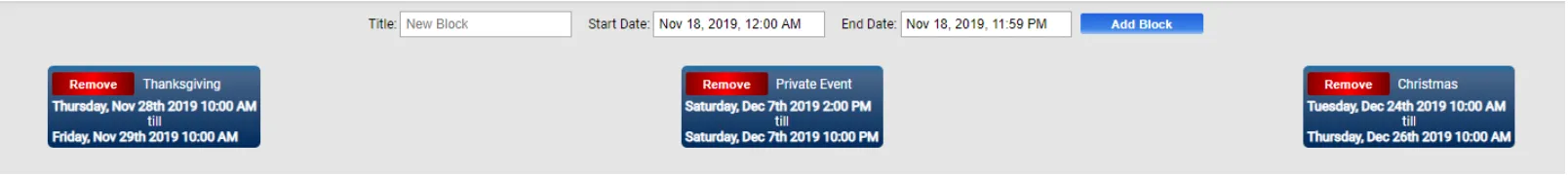 Blocks setup showing date range selection for holidays and closures