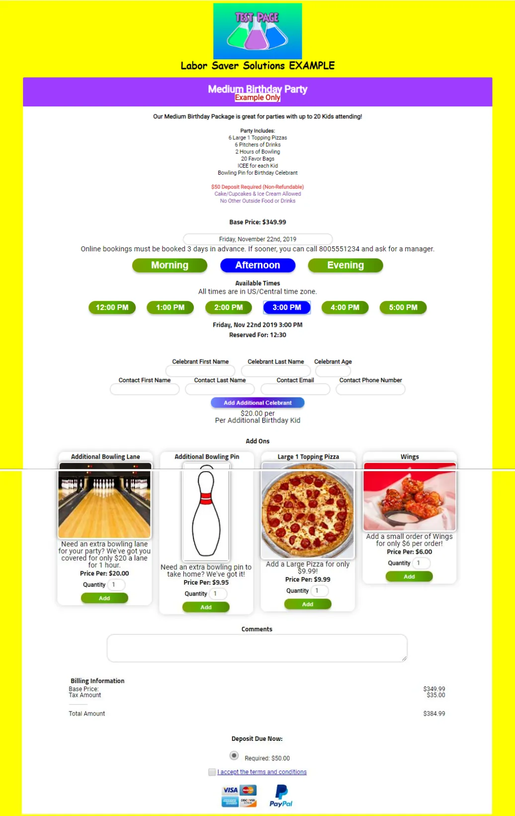 Live website showing the completed booking form as customers see it