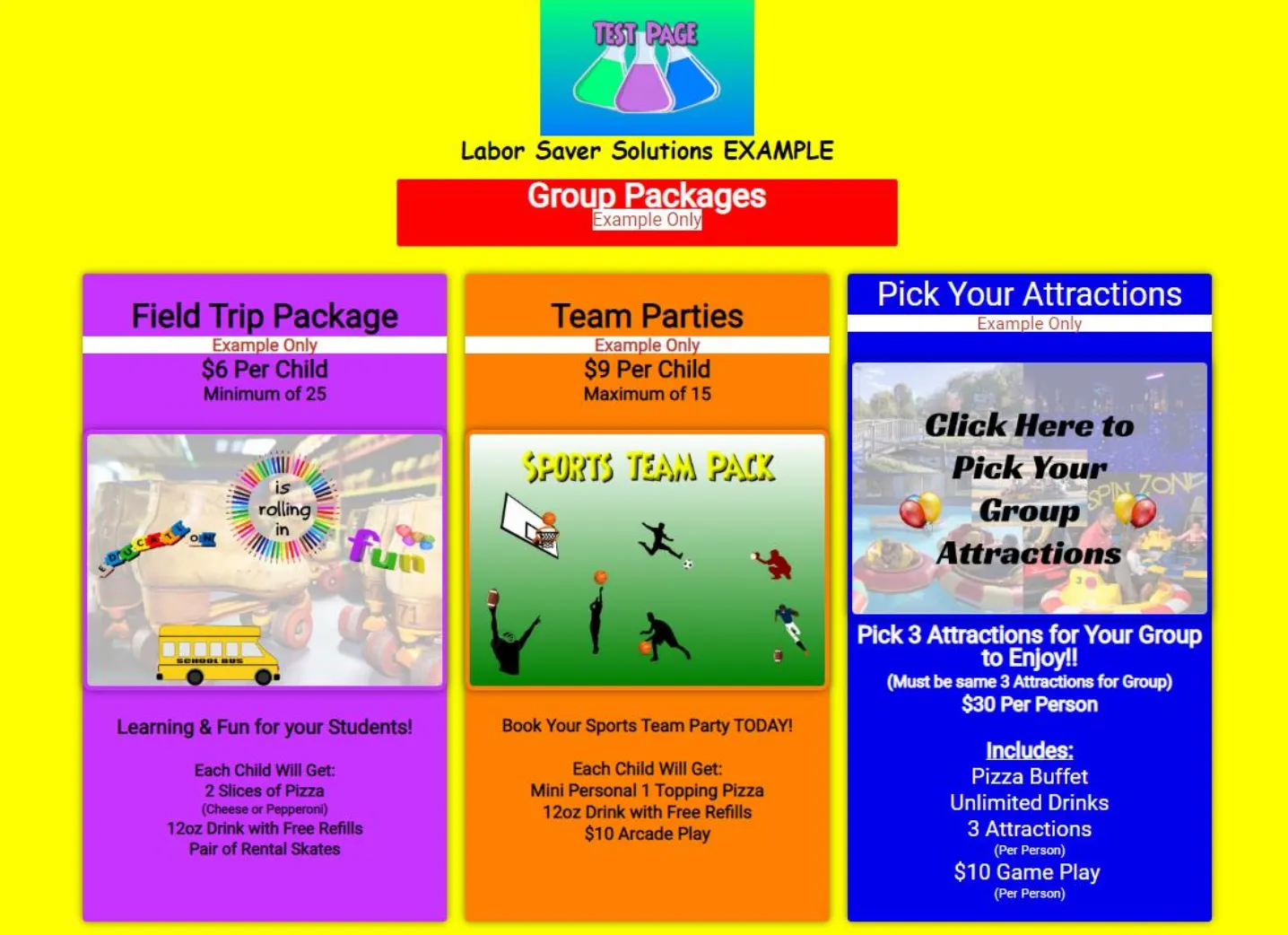 Live website showing group package cards as customers see them