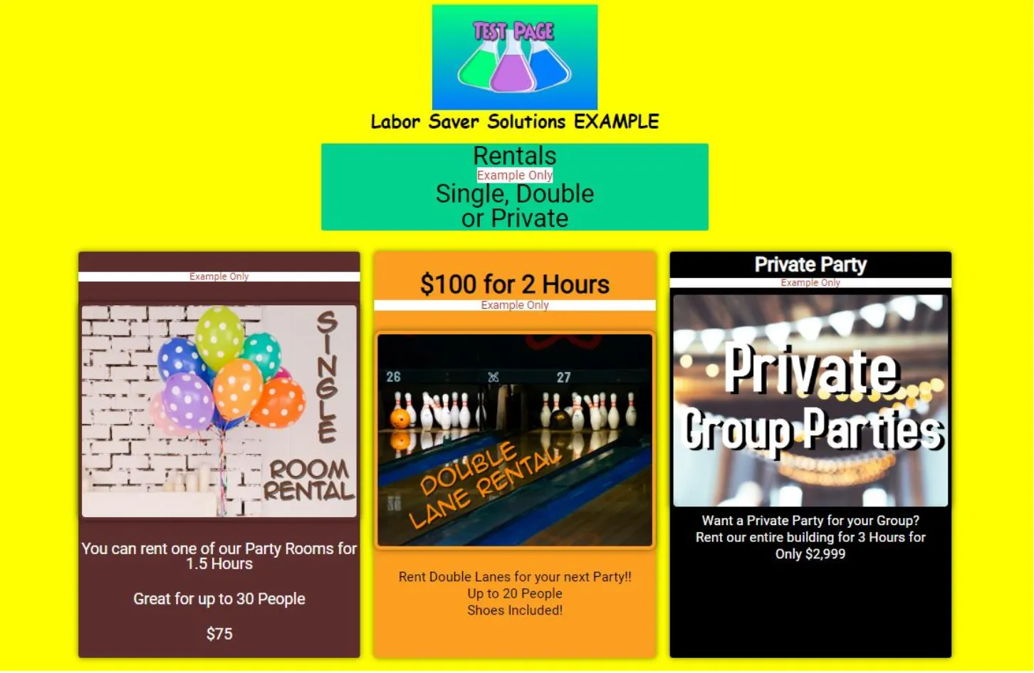 Live website showing room rental options as customers see them