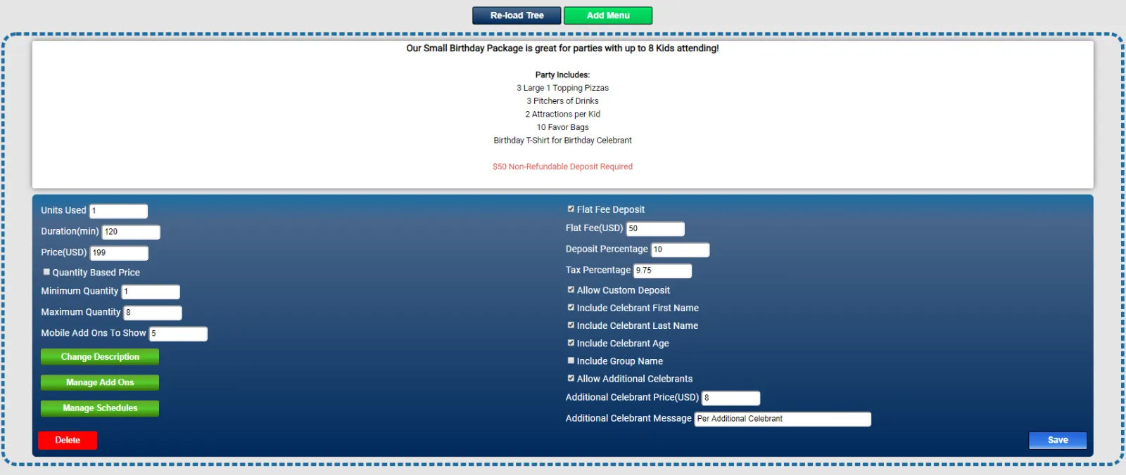 Booking form with date/time picker, guest count, deposit, and celebrant fields
