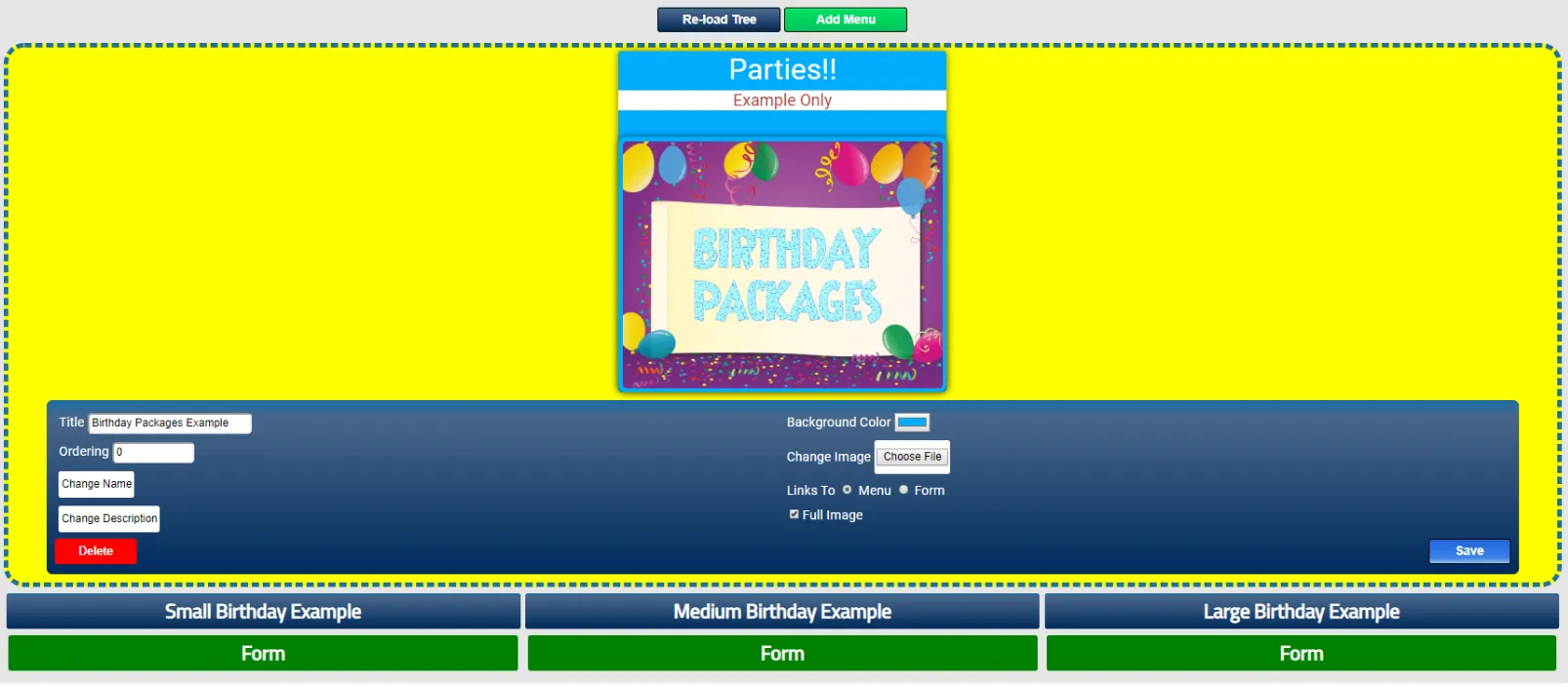 Menu builder showing specific party package options under Birthday Packages