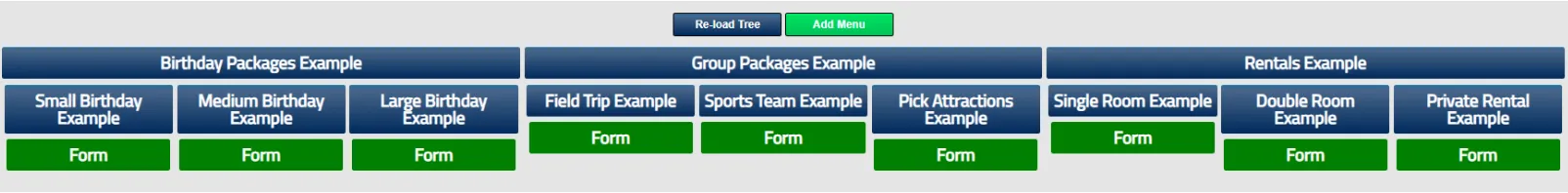 Package tree hierarchy showing menus, sub-menus, and linked forms