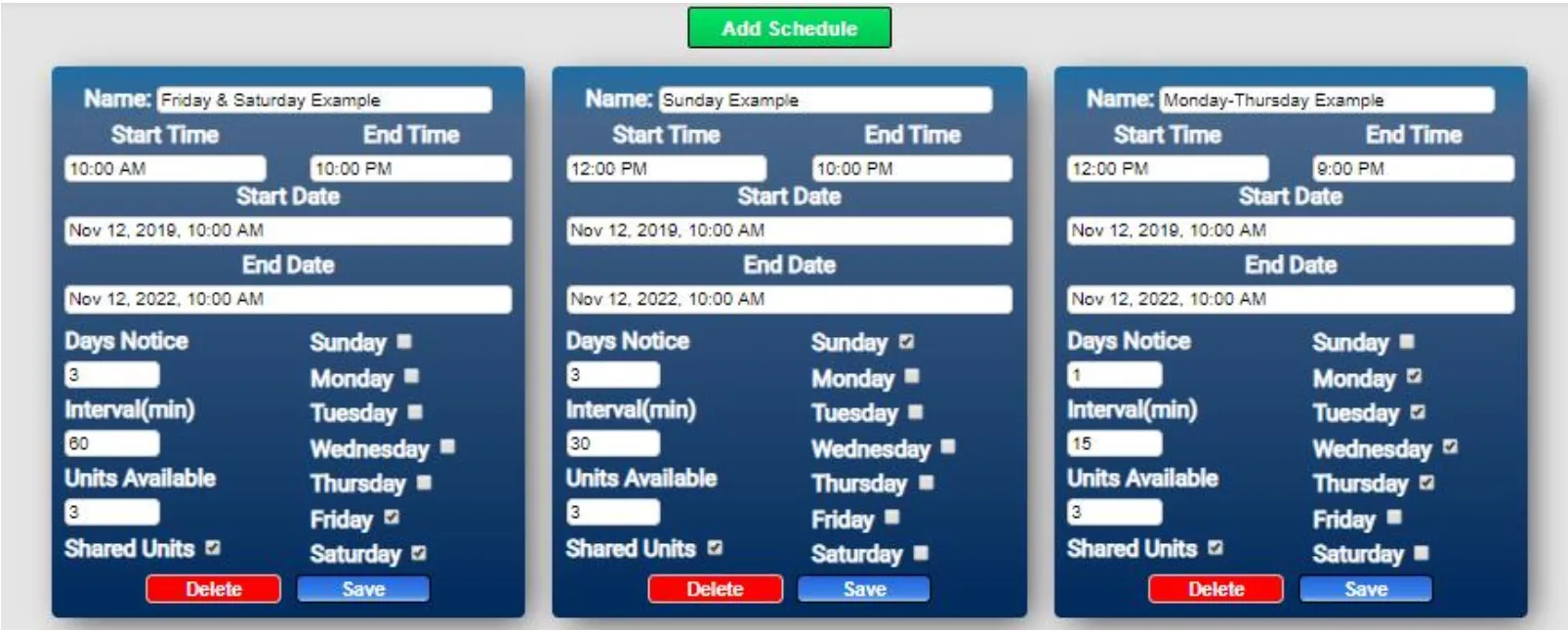 Schedules setup showing start/end times, days of week, and unit availability