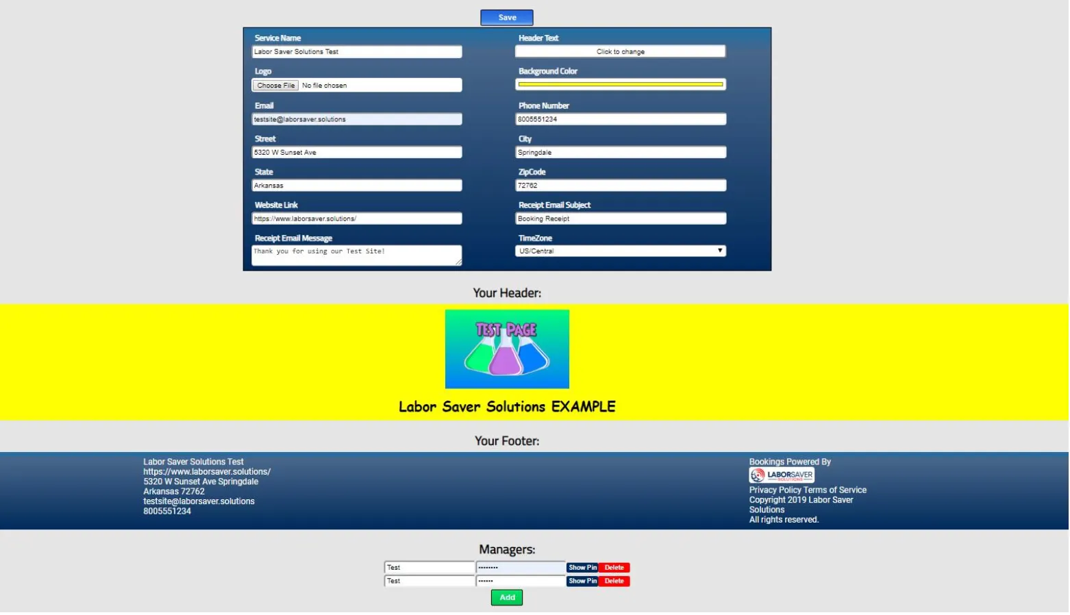 Service setup page showing logo, header text, contact info, and manager PIN fields