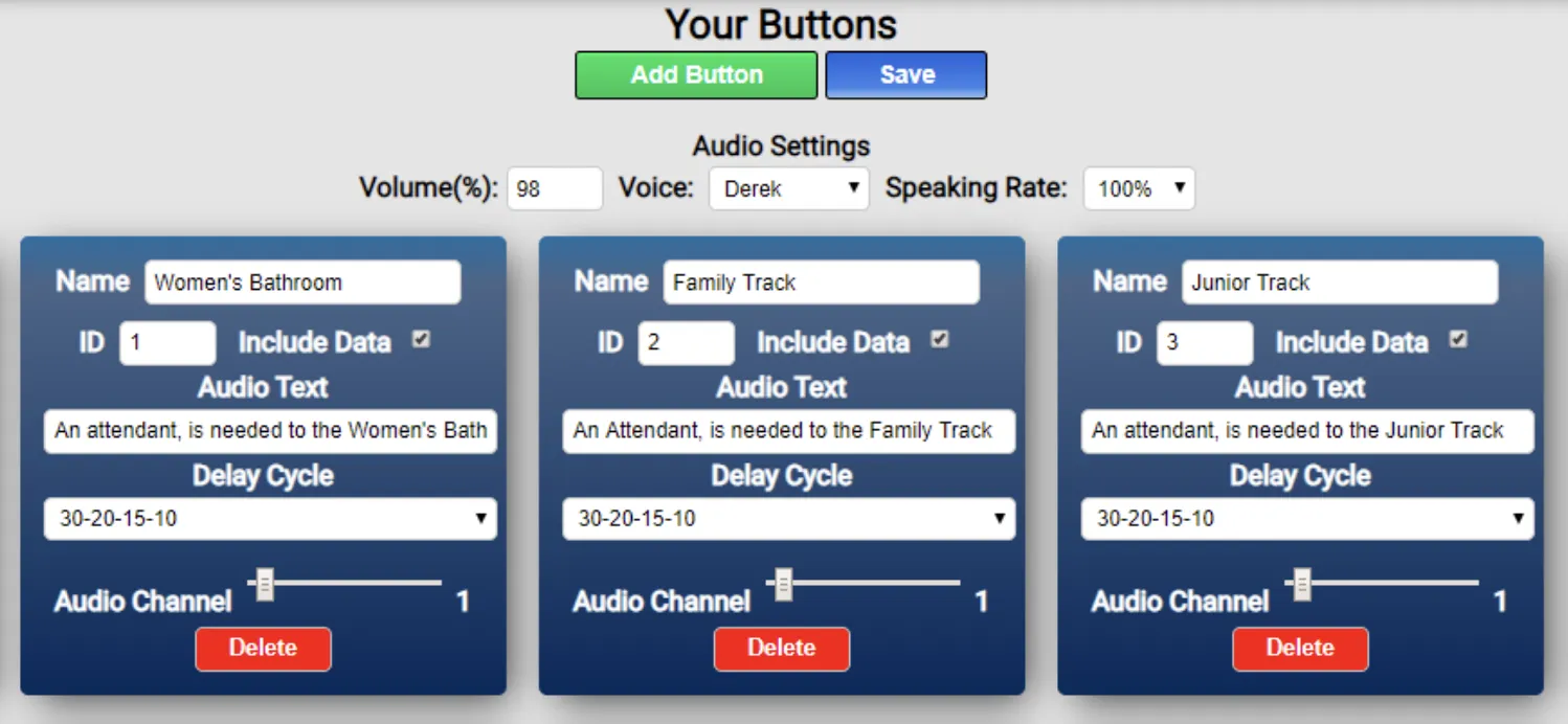 Button setup page showing audio settings and button configuration